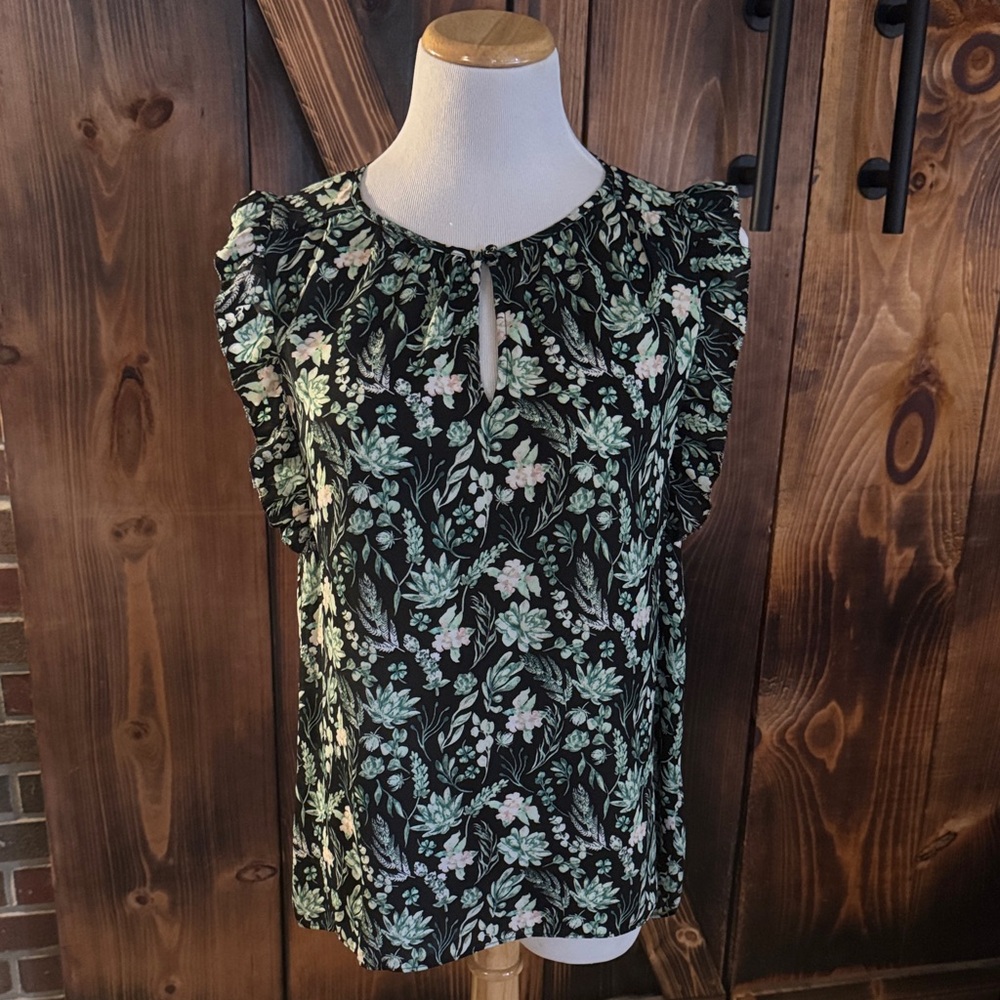 Kaari Black Floral Ruffle Blouse - Black and Green